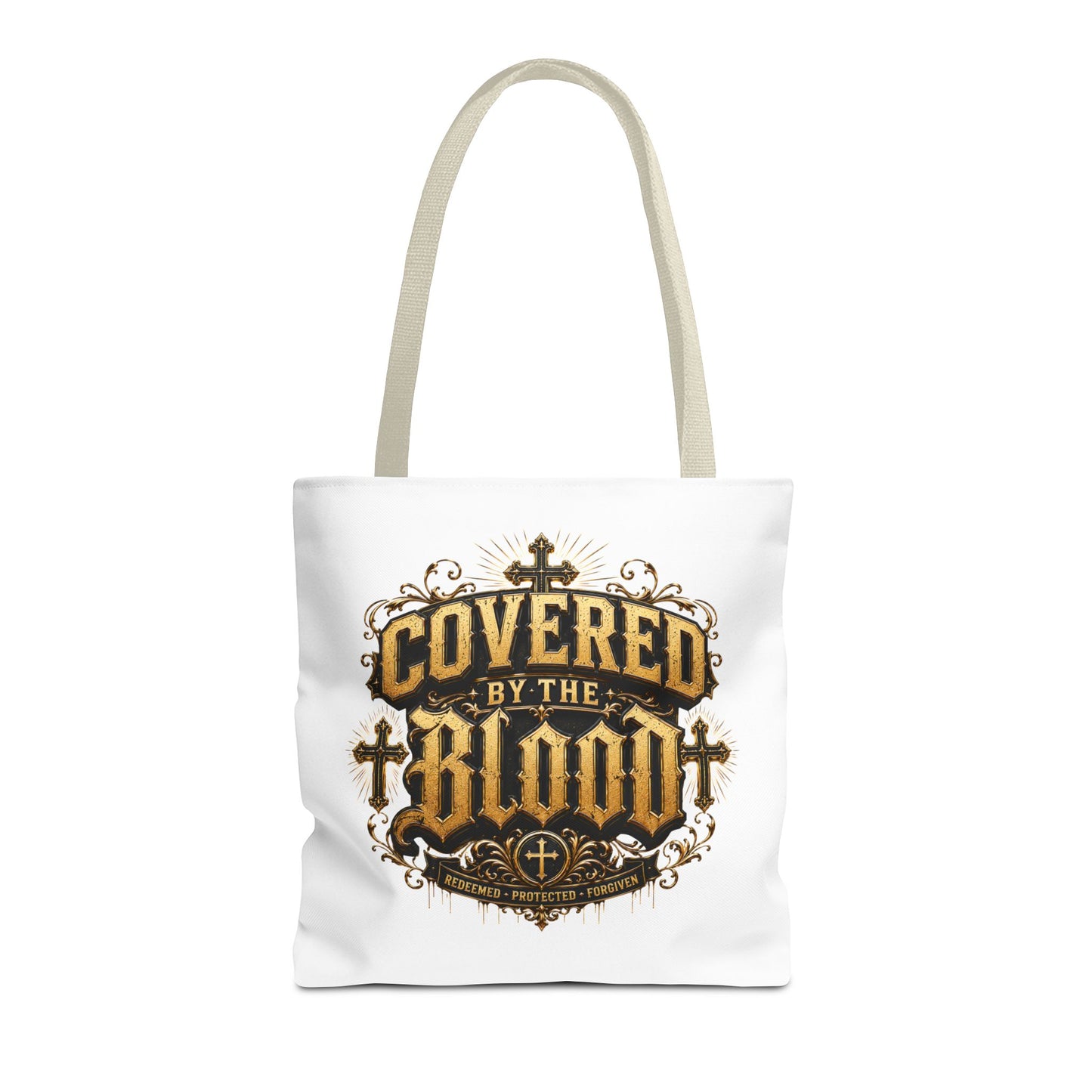 Covered by the Blood Tote Bag — Christian Cross Faith Canvas Tote