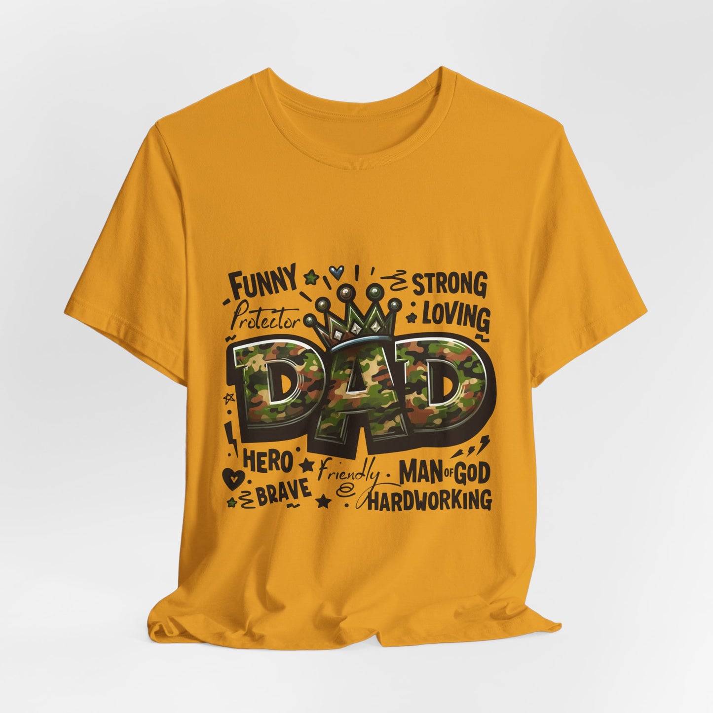 Dad Camo Crown T‑Shirt — 'DAD' Military Camo Design with Loving Words (Father's Day Gift)