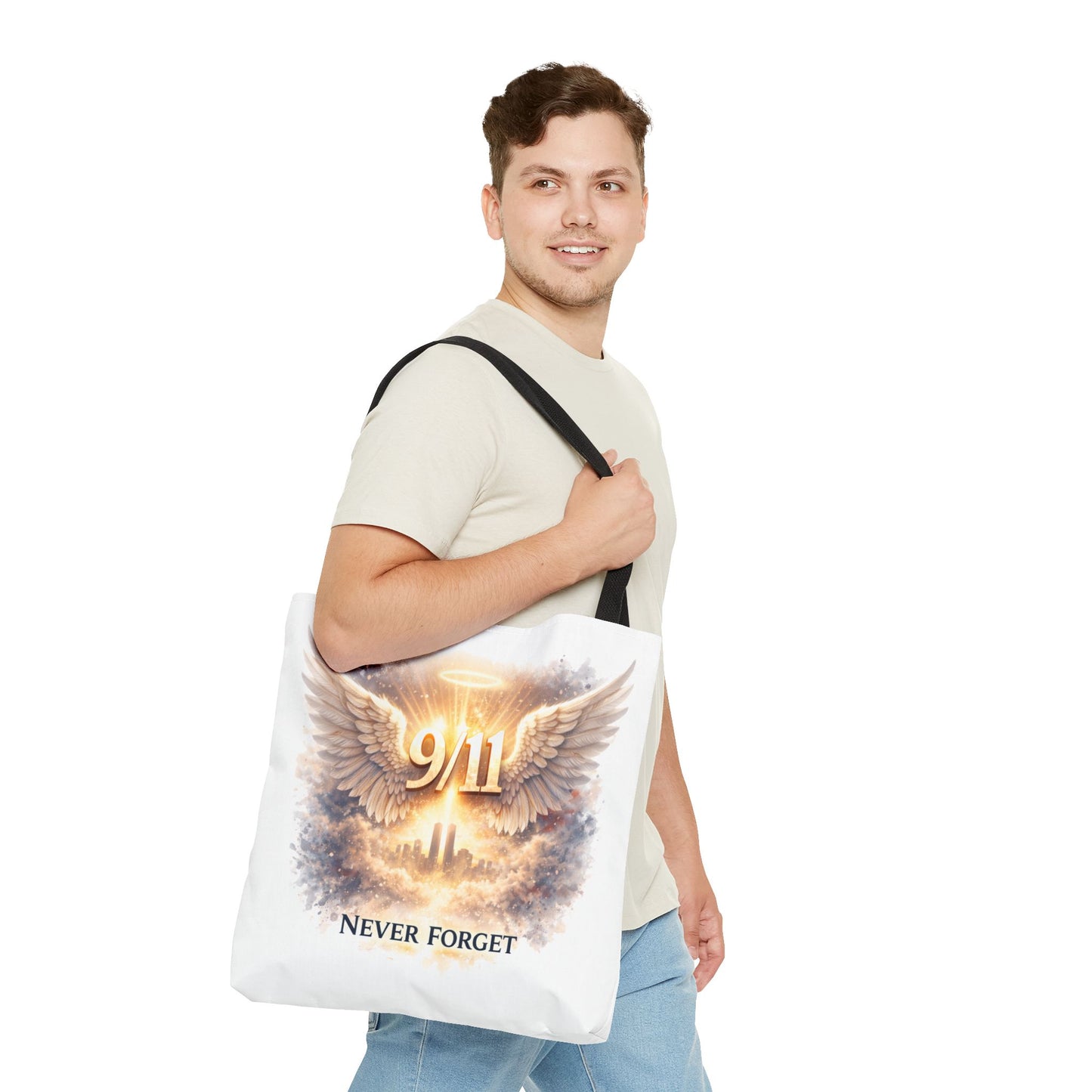 9/11 Memorial Tote Bag – 'Never Forget' Angel Wings Tribute