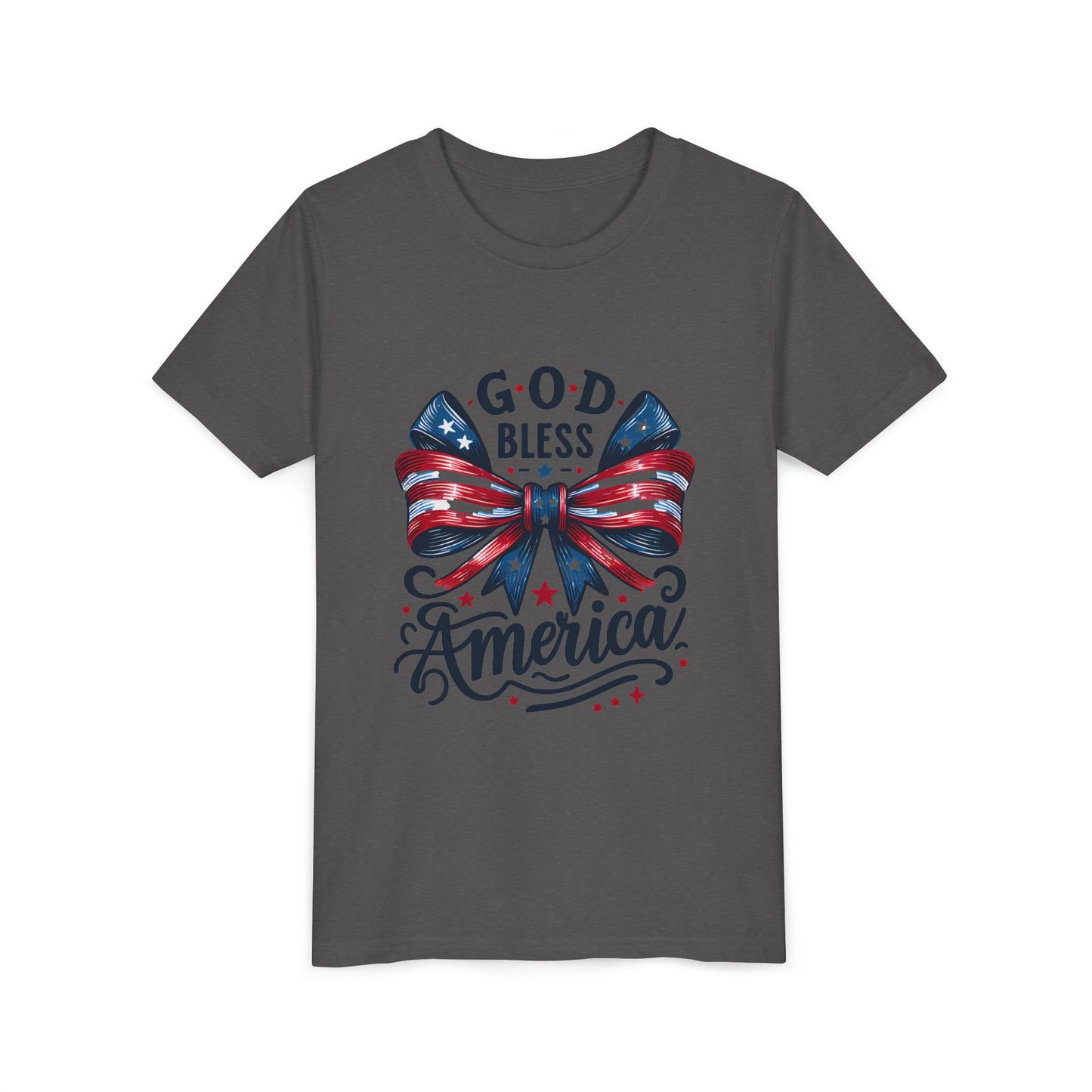 Youth Tee — "God Bless America" Patriotic Bow T-Shirt (4th of July, Memorial Day)
