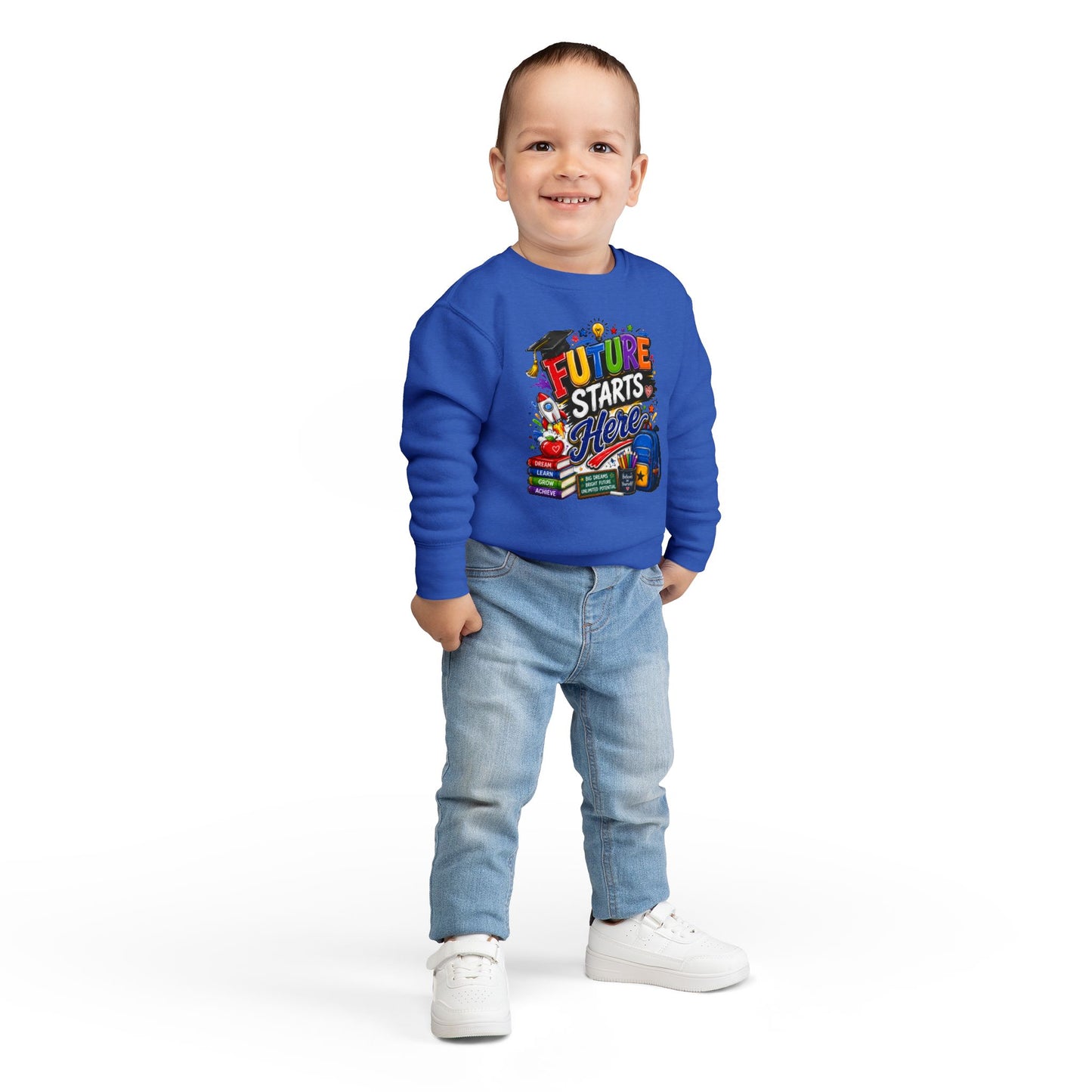 Toddler Sweatshirt — "Future Starts Here" Back-to-School Kids Crewneck