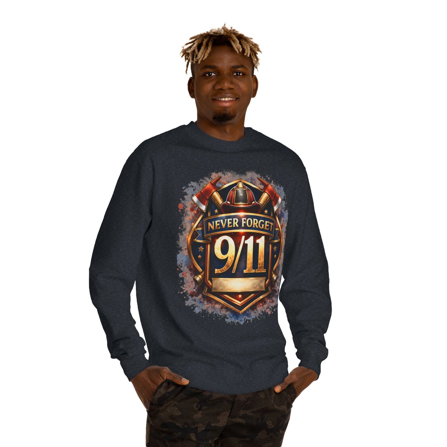 Never Forget 9/11 Sweatshirt — Memorial Firefighter Tribute Crewneck