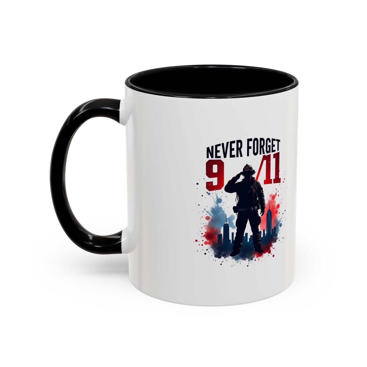 Never Forget 9/11 Accent Coffee Mug — Patriotic Memorial Tribute (11oz, 15oz)