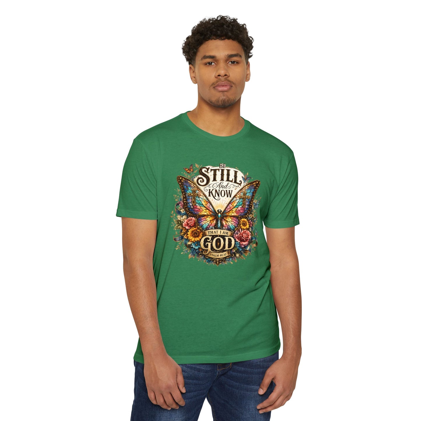 Christian Butterfly T-Shirt — "Be Still and Know That I Am God" Inspirational Tee