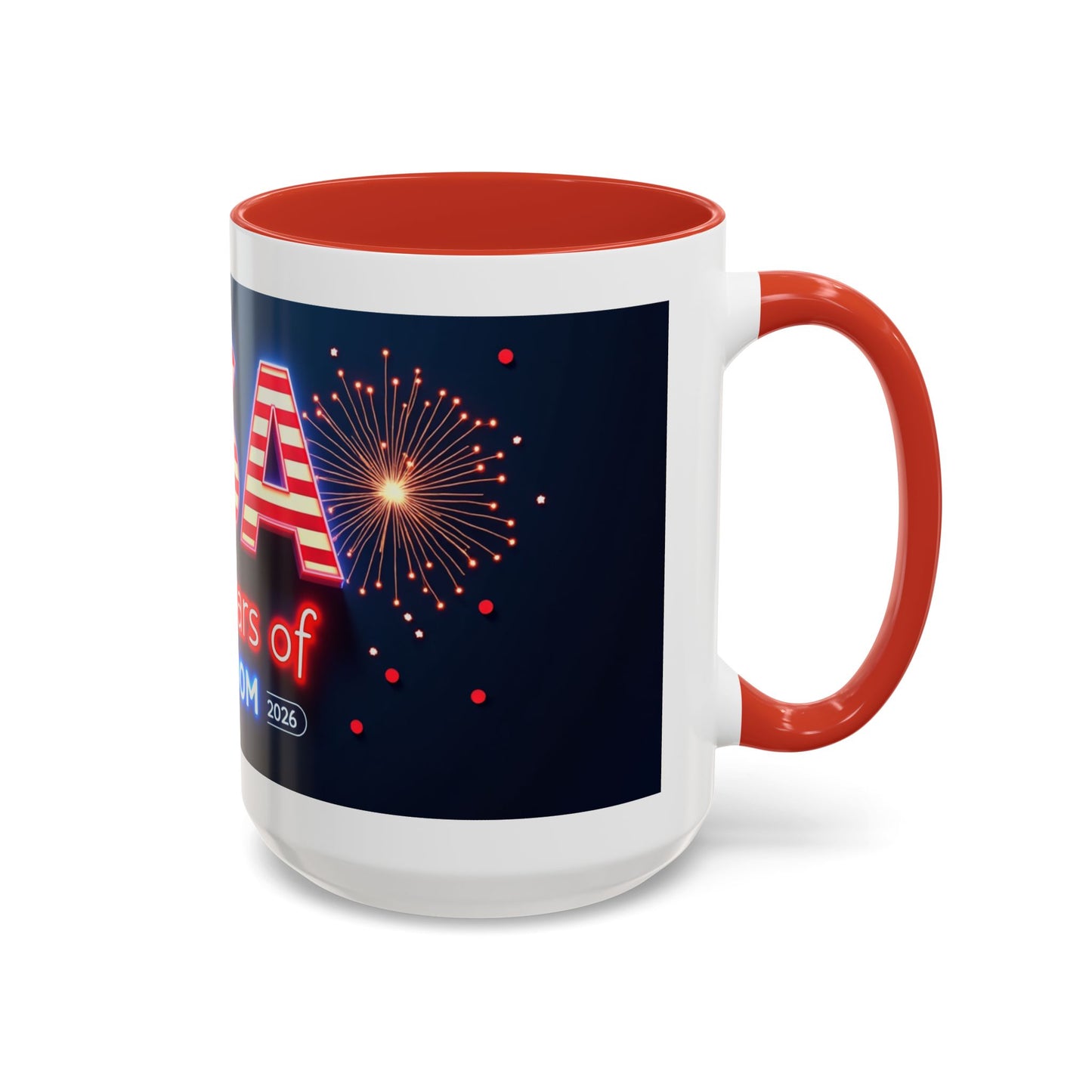USA 250 Years of Freedom Accent Coffee Mug — Patriotic 1776–2026 Fireworks Design (11/15oz)