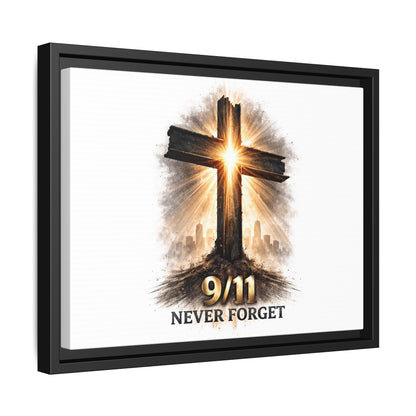 9/11 Never Forget Framed Canvas Wall Art — Memorial Cross Tribute