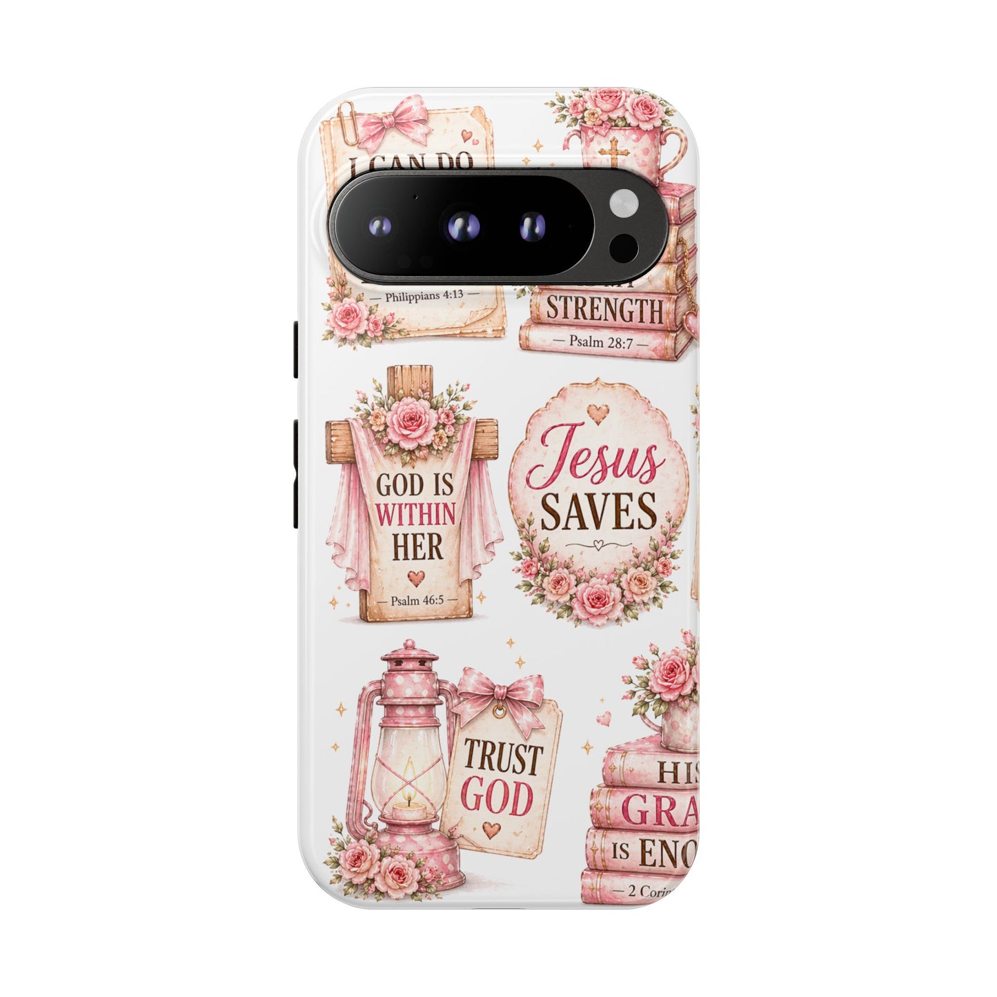 Christian Phone Case — Jesus Saves Floral Tough Case with 'God Is Within Her' & 'Trust God' Design