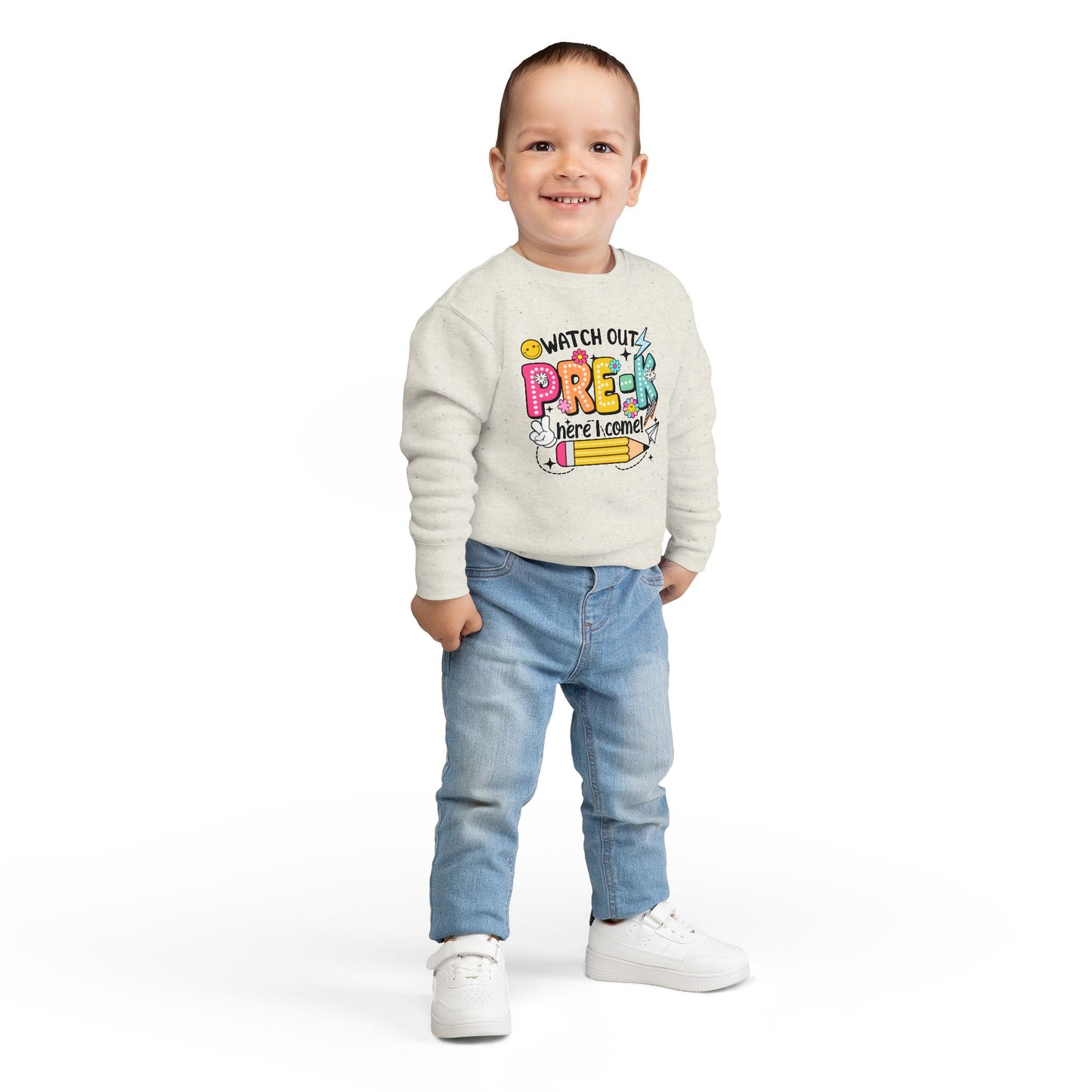 Toddler Sweatshirt — "Watch Out Pre-K Here I Come" Back-to-School Crewneck