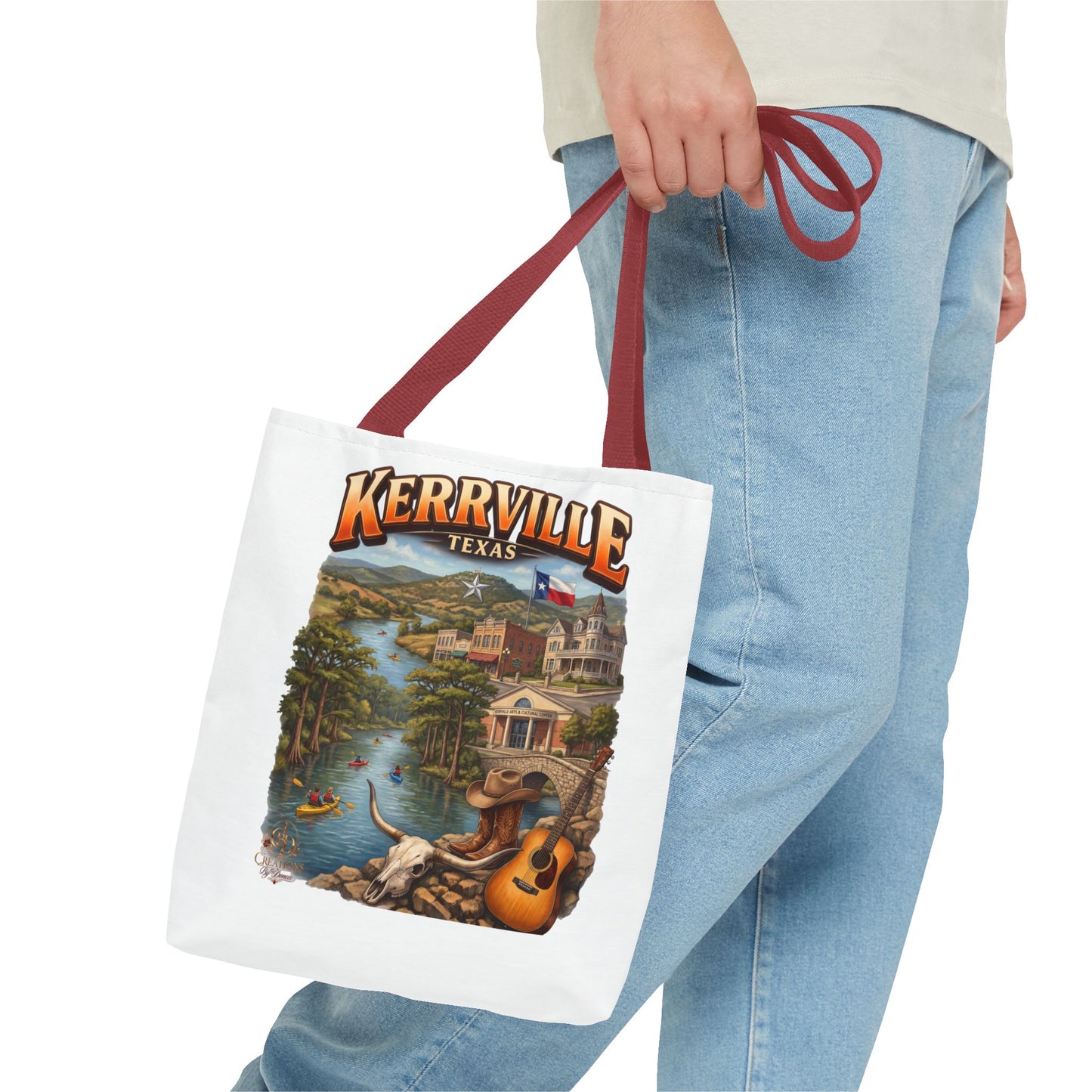 Kerrville Texas Scenic Tote Bag — River, Guitar & Hill Country Souvenir