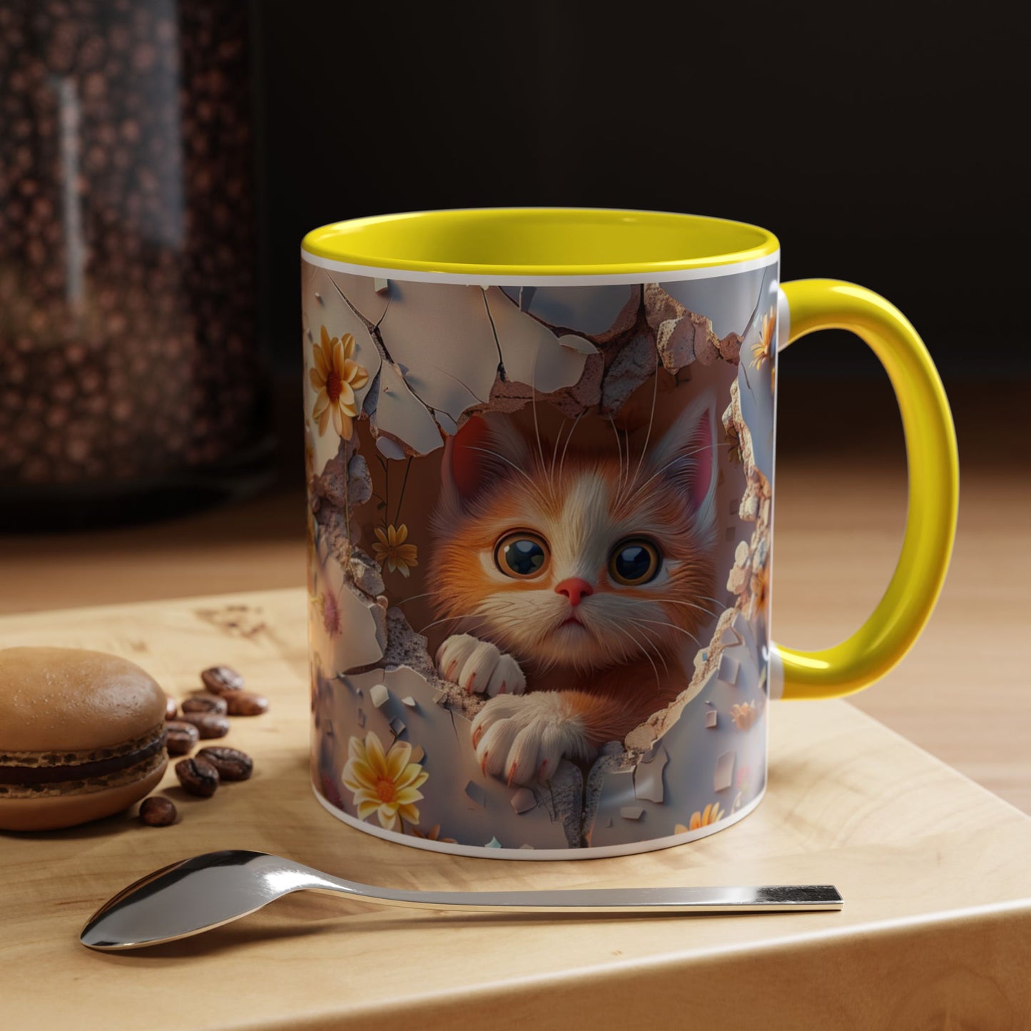 Cute Kitten Floral Coffee Mug – Peekaboo Cat Accent Mug (11/15oz)