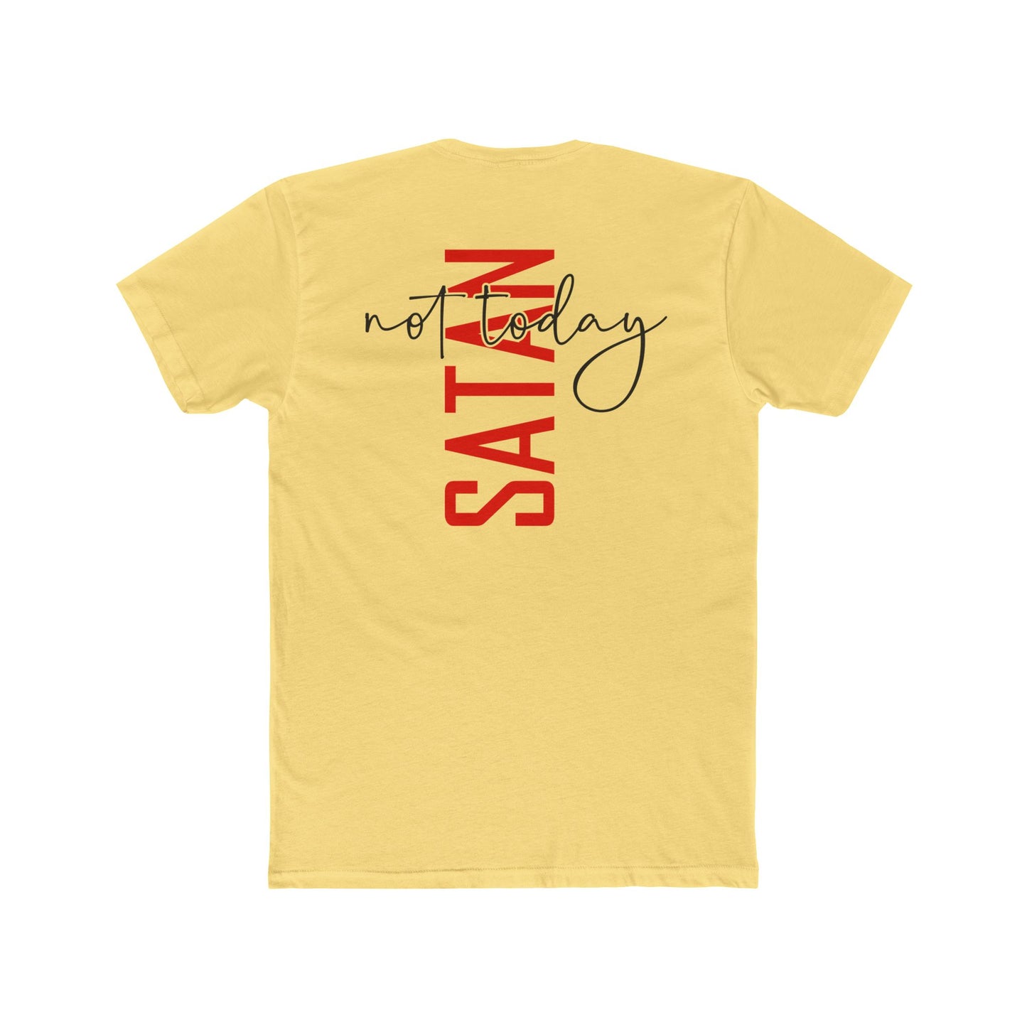 Crew Tee — "No Today Satan" Vertical Red Text Graphic T‑Shirt