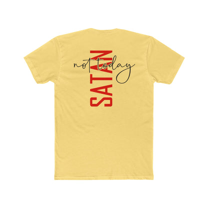 Crew Tee — "No Today Satan" Vertical Red Text Graphic T‑Shirt