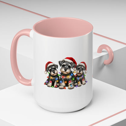 Christmas Puppy Coffee Mug — Cute Schnauzer Trio with Santa Hats & Holiday Lights (11/15oz)