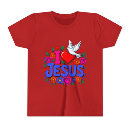 Youth Tee — "I  Jesus" Colorful Dove & Floral Christian Shirt