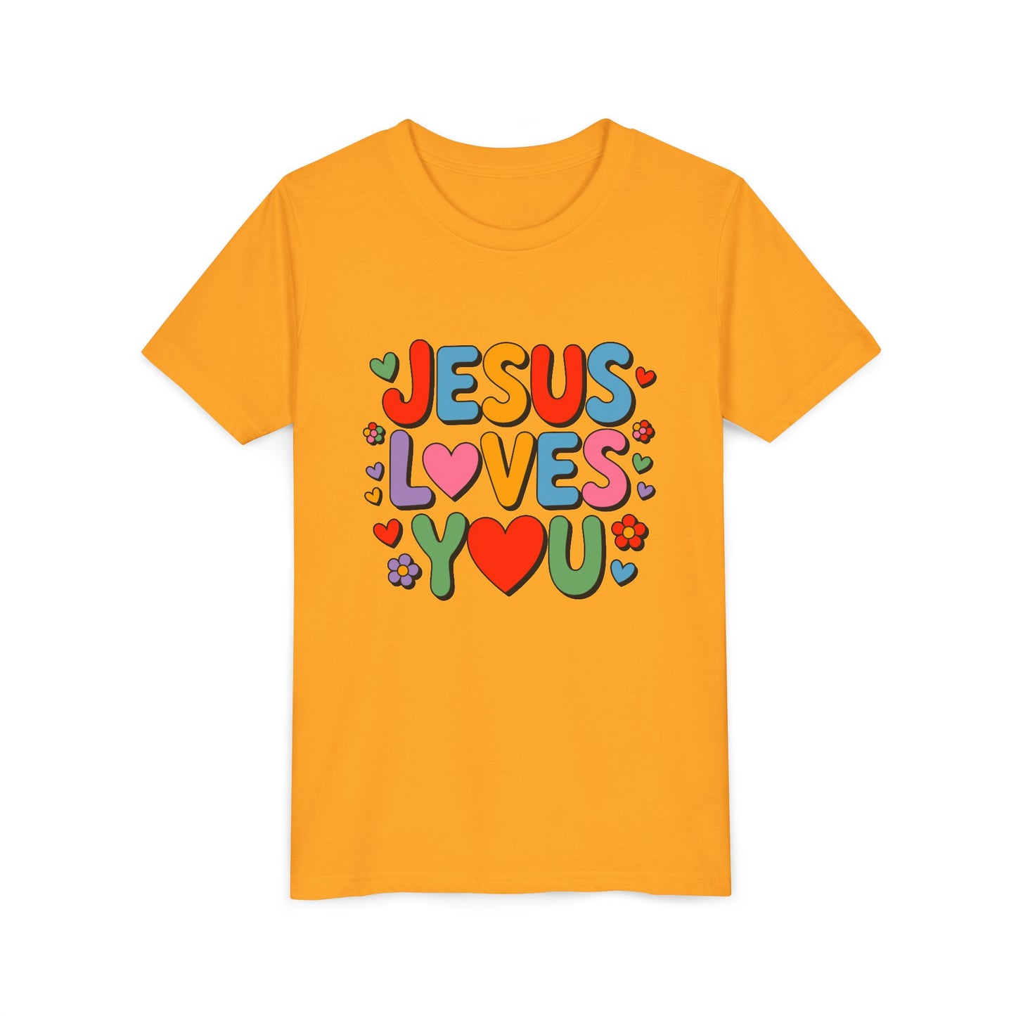 Youth Tee - "Jesus Loves You" Colorful Heart & Flower Christian Shirt