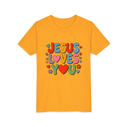 Youth Tee - "Jesus Loves You" Colorful Heart & Flower Christian Shirt
