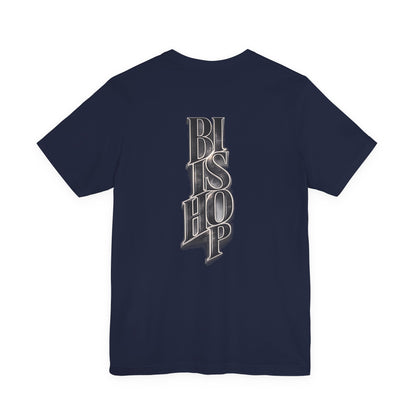 Bishop Vertical Script Tee — Vintage Gothic Lettering T-Shirt