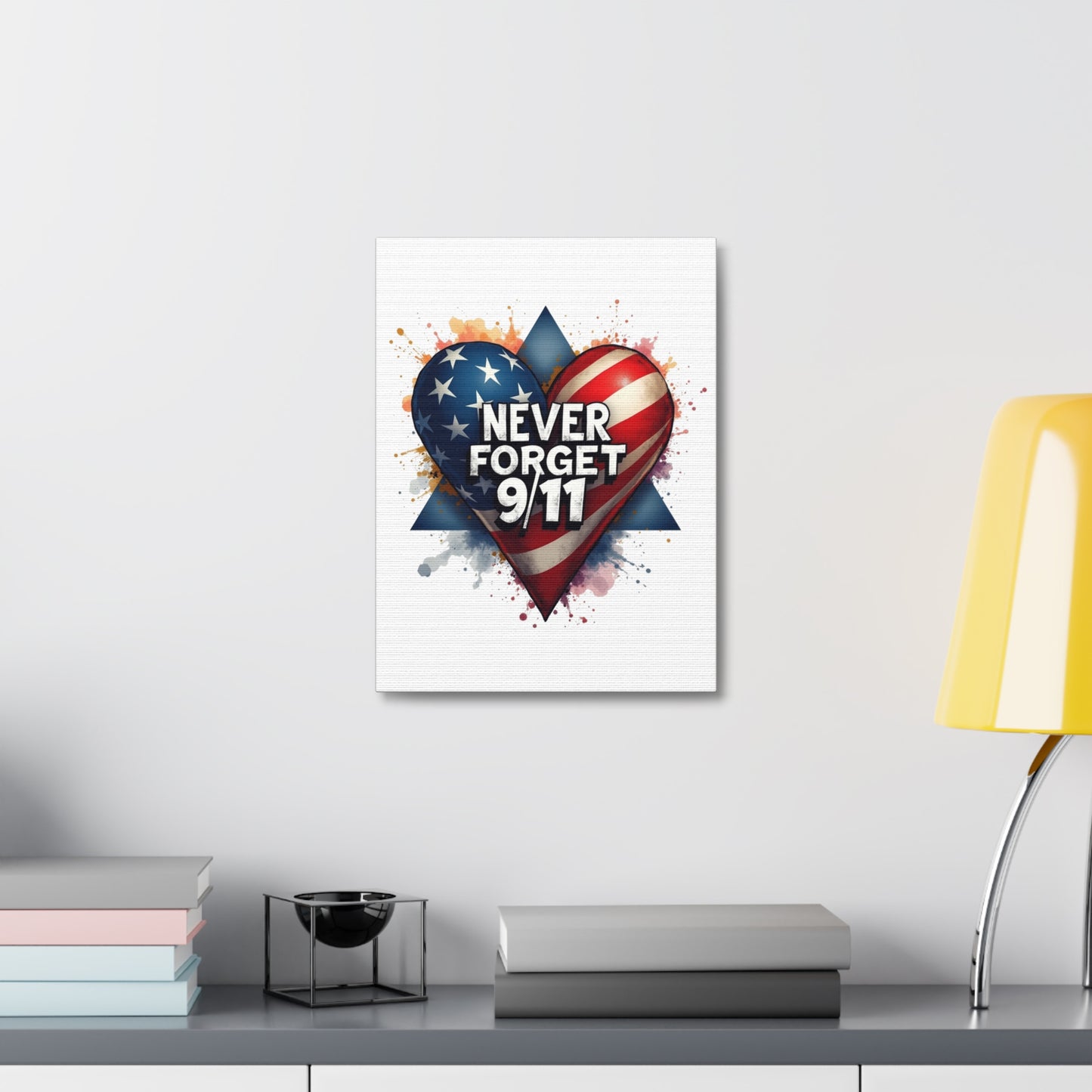 Never Forget 9/11 American Flag Heart Stretched Canvas