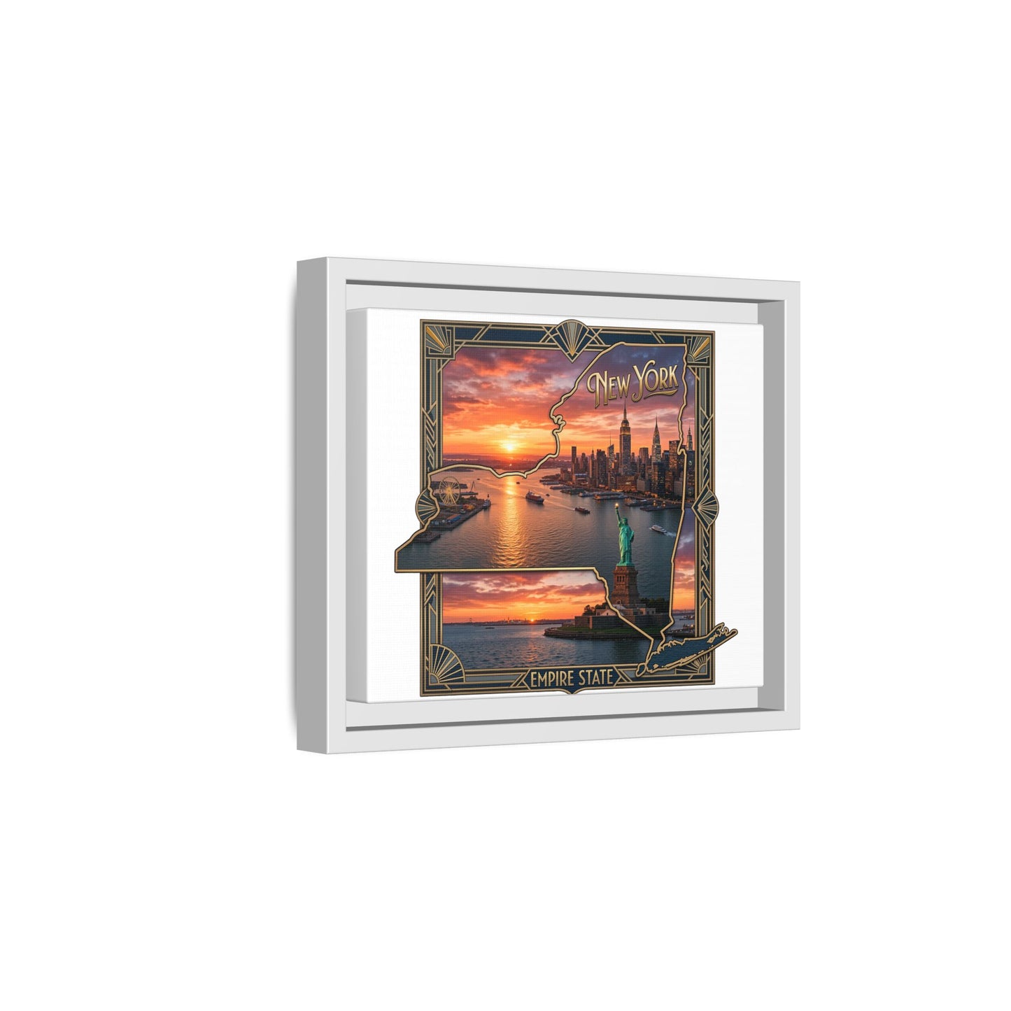 Framed Matte Canvas Wall Art — New York City Sunset Skyline with Statue of Liberty