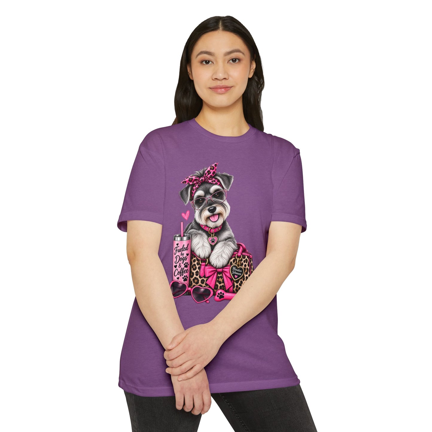 Schnauzer Fashion Tee — Cute Dog with Leopard Bag & 'Faith, Dog, Coffee' Design