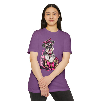 Schnauzer Fashion Tee — Cute Dog with Leopard Bag & 'Faith, Dog, Coffee' Design