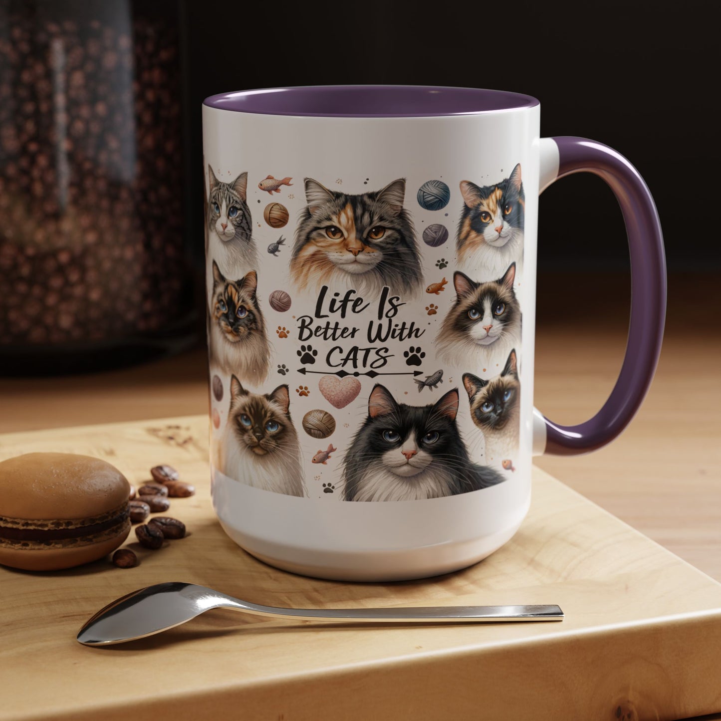 Life Is Better With Cats Accent Coffee Mug — Cat Lover Ceramic Mug (11/15oz)