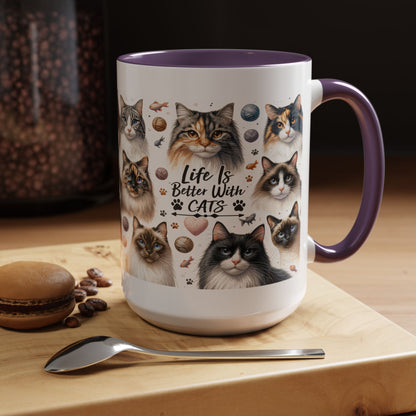 Life Is Better With Cats Accent Coffee Mug — Cat Lover Ceramic Mug (11/15oz)
