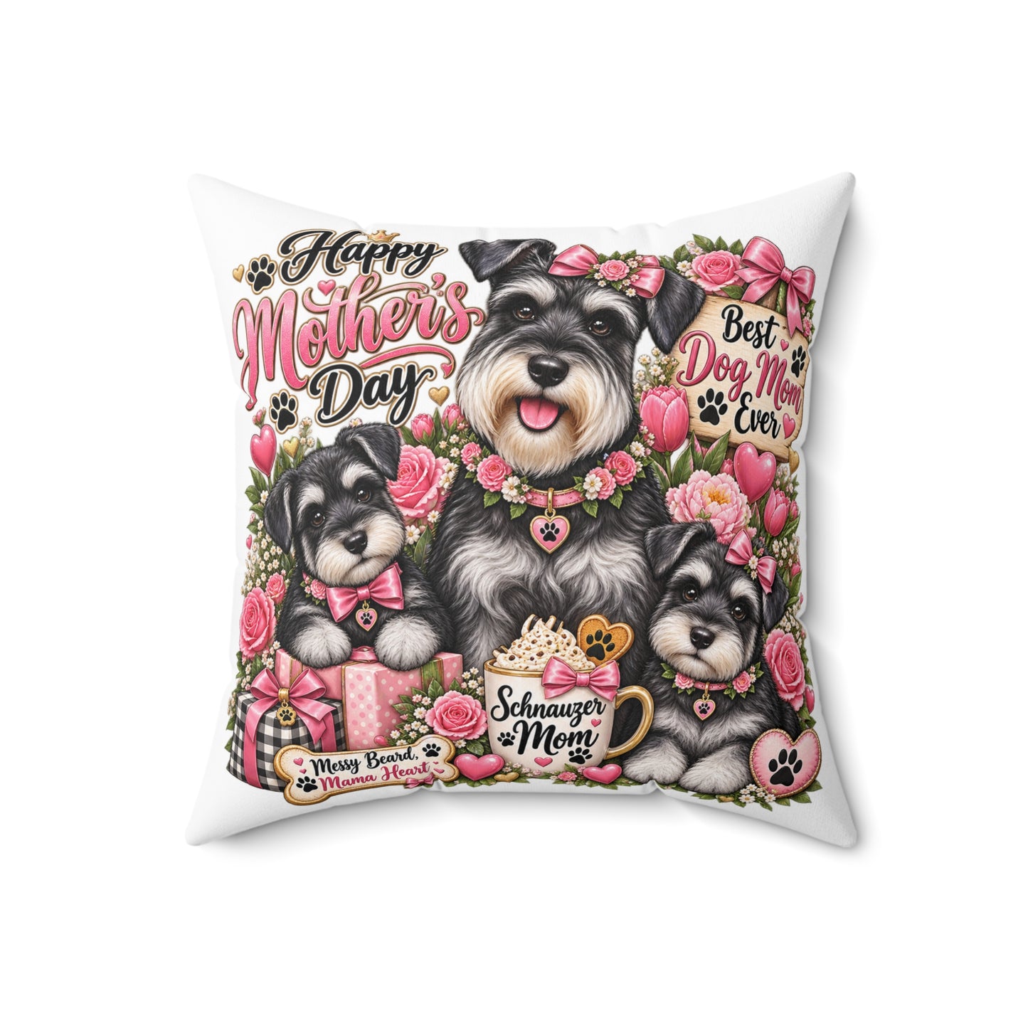 Mother’s Day Schnauzer Pillow — "Happy Mother’s Day" Dog Mom Decorative Throw Pillow