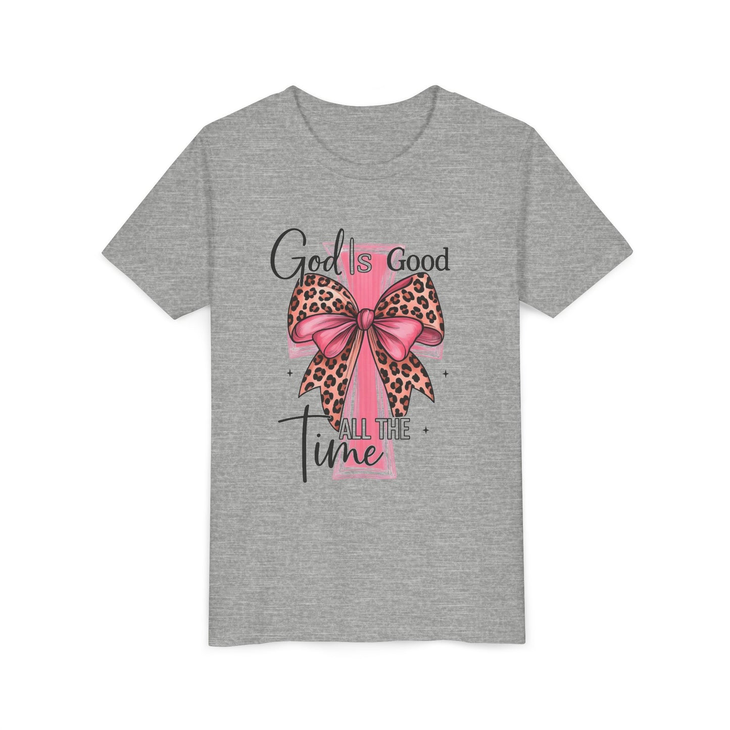 Youth Tee — "God is Good All the Time" Pink Cross with Leopard Bow