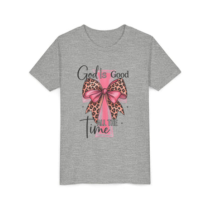 Youth Tee — "God is Good All the Time" Pink Cross with Leopard Bow