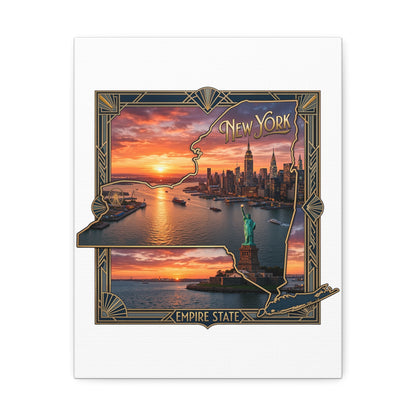 New York Sunset Stretched Canvas – Empire State Skyline with Statue of Liberty