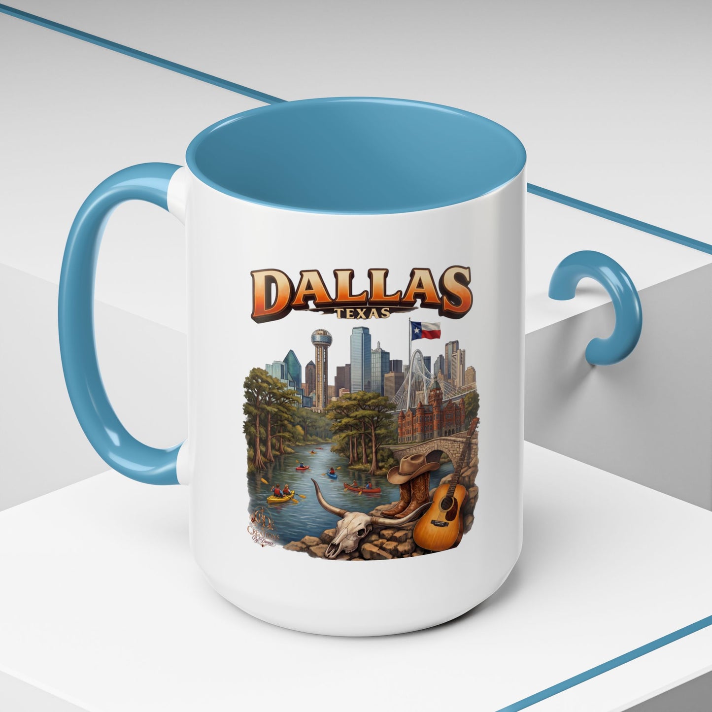 Dallas Skyline Accent Coffee Mug — Texas Souvenir Mug with Guitar & Cityscape