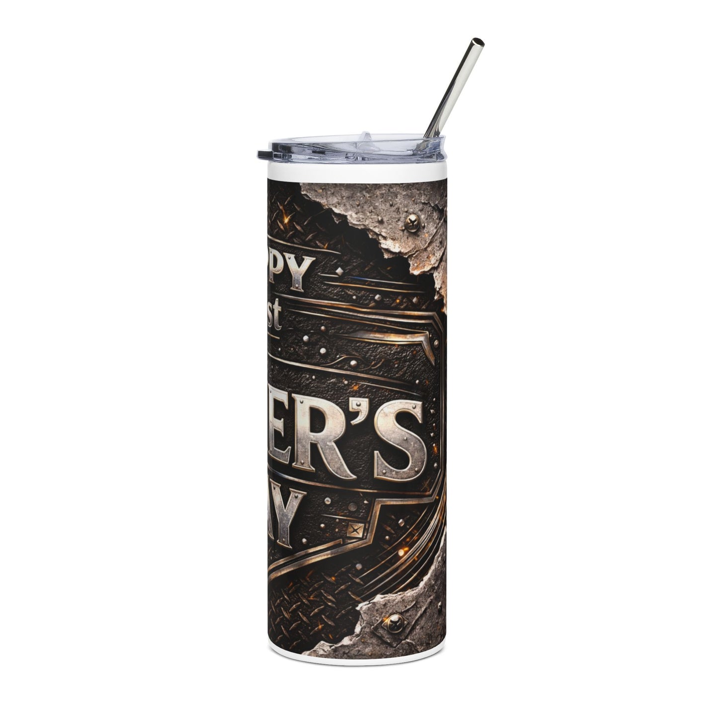 Father's Day 20oz Stainless Steel Tumbler — "Happy 1st Father Day" Vintage Metal Badge Design