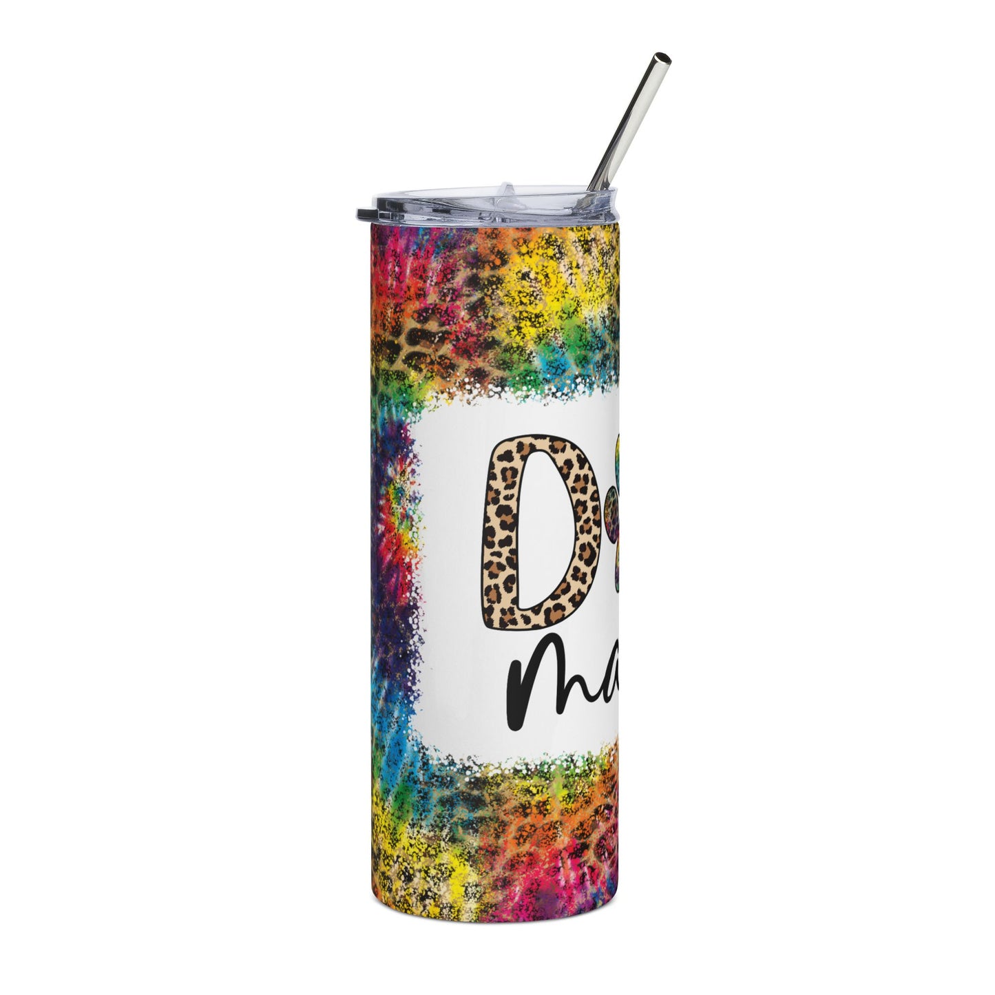 20oz Stainless Tumbler — Tie-Dye Leopard "Dog Mama" Paw Travel Mug