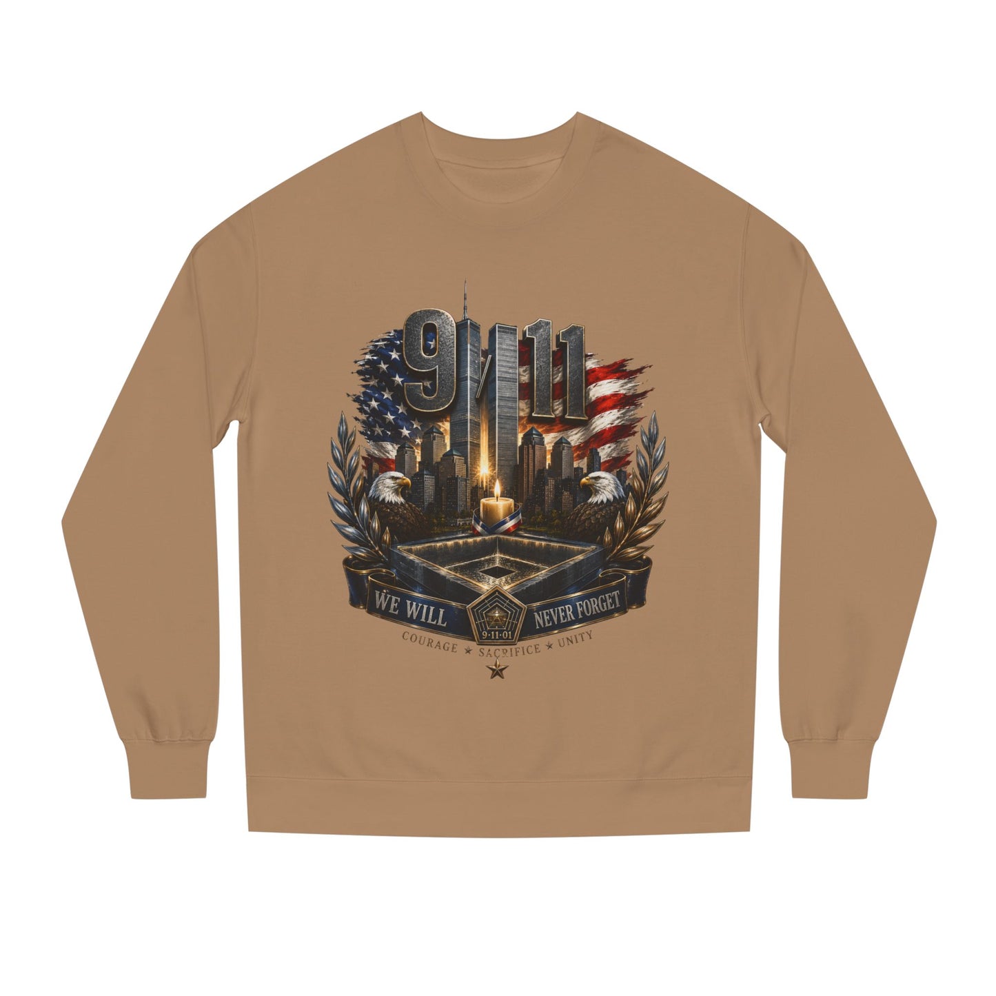 9/11 Memorial Crewneck Sweatshirt — We Will Never Forget Tribute