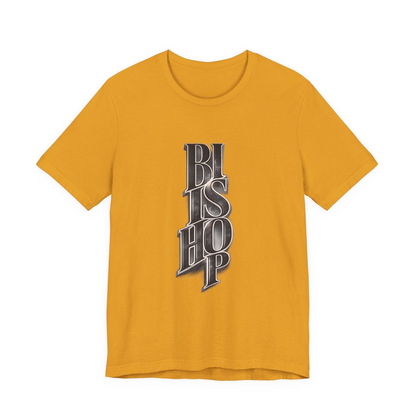 Bishop Vertical Script Tee — Vintage Gothic Lettering T-Shirt