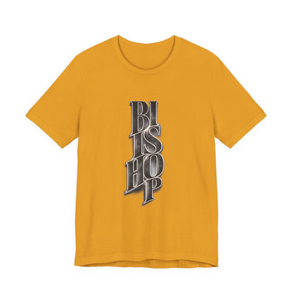 Bishop Vertical Script Tee — Vintage Gothic Lettering T-Shirt