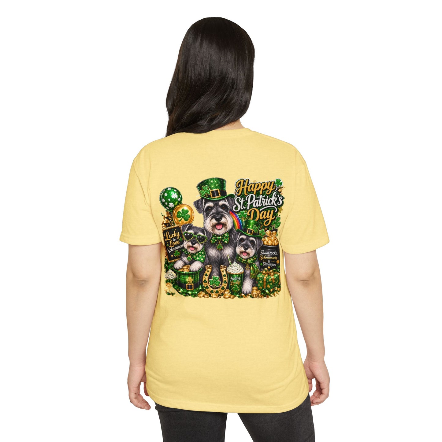 St. Patrick's Day Schnauzer T-Shirt — "Happy St. Patrick's Day" Lucky Dogs Tee