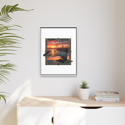 Framed Matte Canvas Wall Art — New York City Sunset Skyline with Statue of Liberty