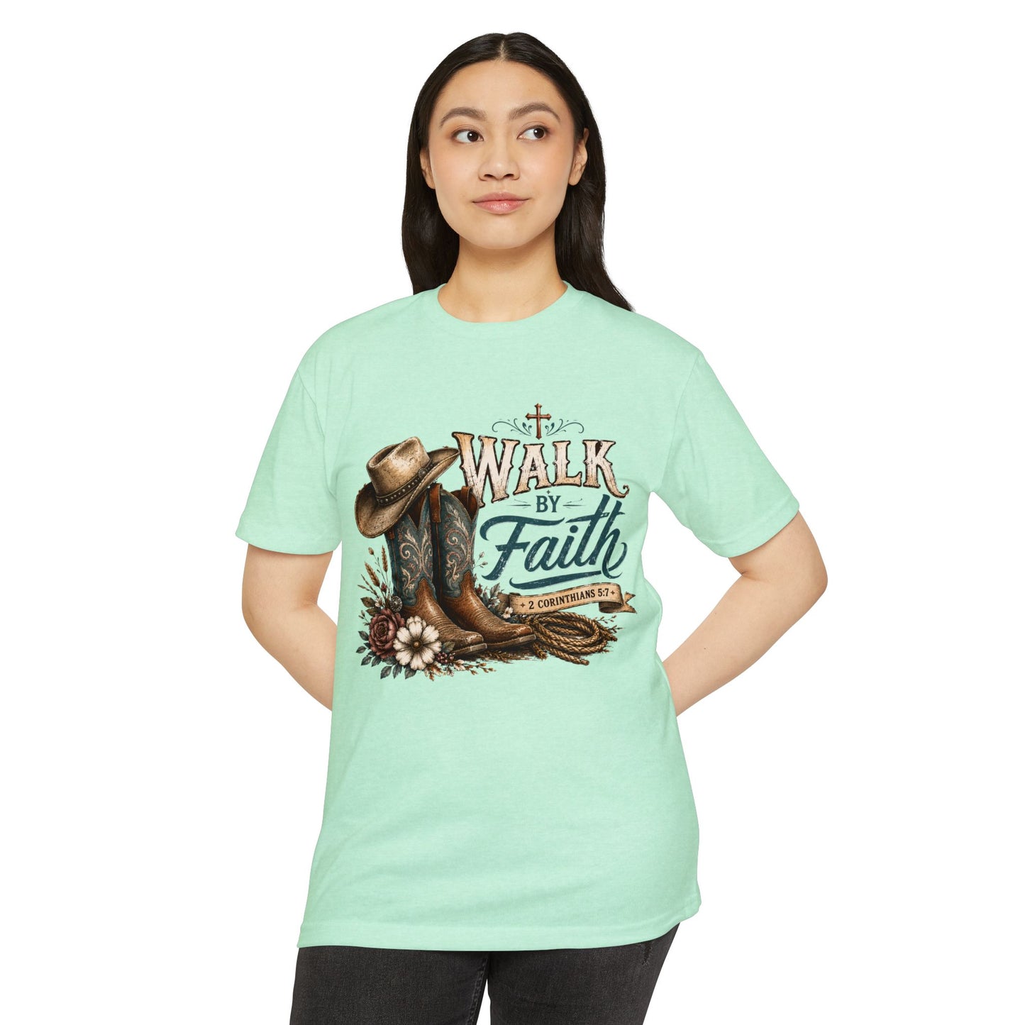 Walk By Faith T-Shirt — Christian Cowboy Boots & Hat Graphic Tee