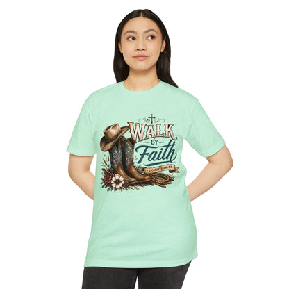 Walk By Faith T-Shirt — Christian Cowboy Boots & Hat Graphic Tee