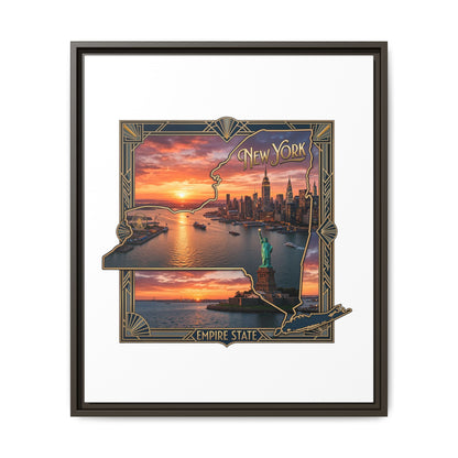 Framed Matte Canvas Wall Art — New York City Sunset Skyline with Statue of Liberty