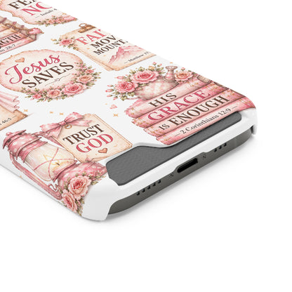 Christian Phone Case with Card Holder — 'Jesus Saves' Floral Scripture Design