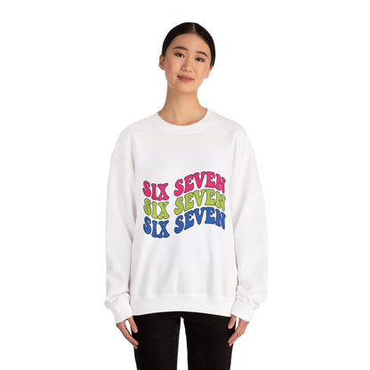 Retro "Six Seven" Graphic Crewneck Sweatshirt — Colorful Wavy Text Pullover