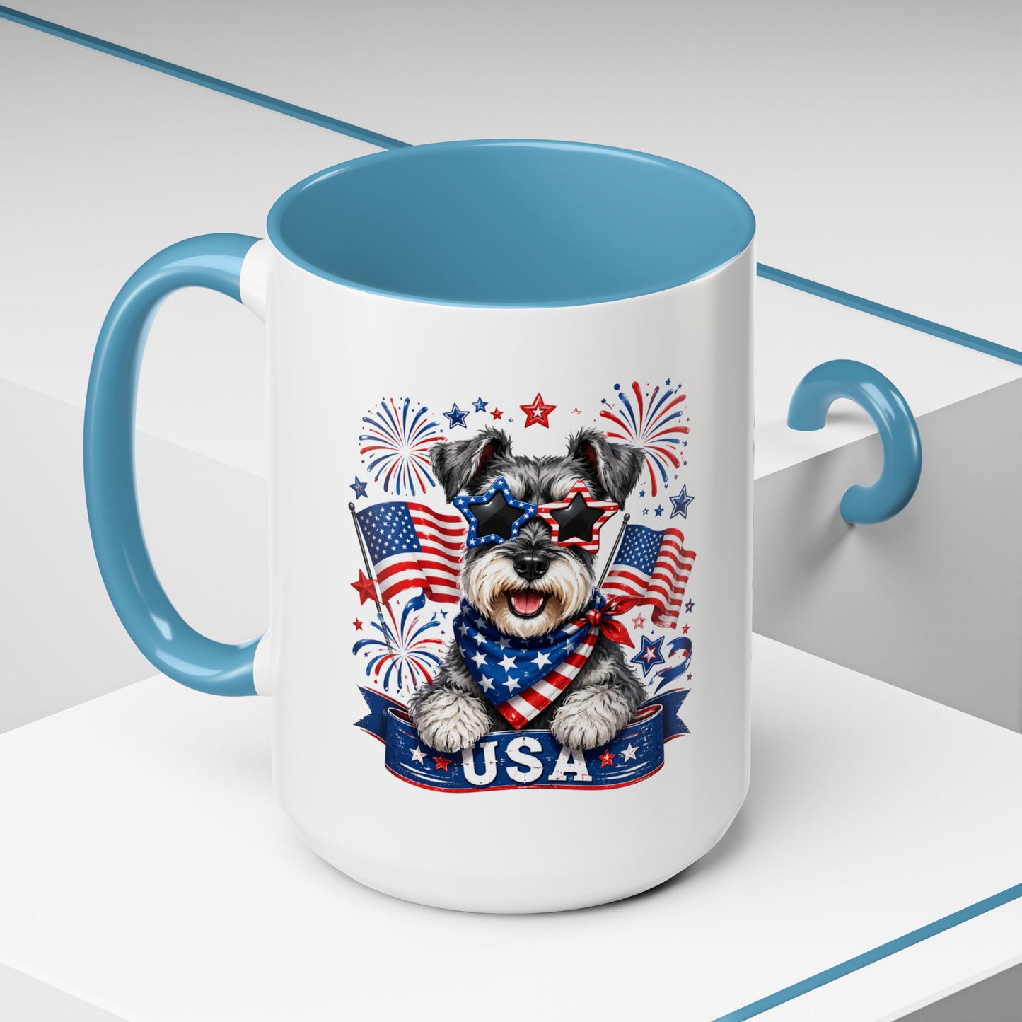 Patriotic Schnauzer Coffee Mug – USA Flag, Fireworks Accent Mug (11/15oz)