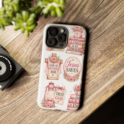 Christian Phone Case — Jesus Saves Floral Tough Case with 'God Is Within Her' & 'Trust God' Design