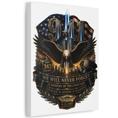 9/11 Memorial Stretched Canvas – We Will Never Forget Tribute Wall Art