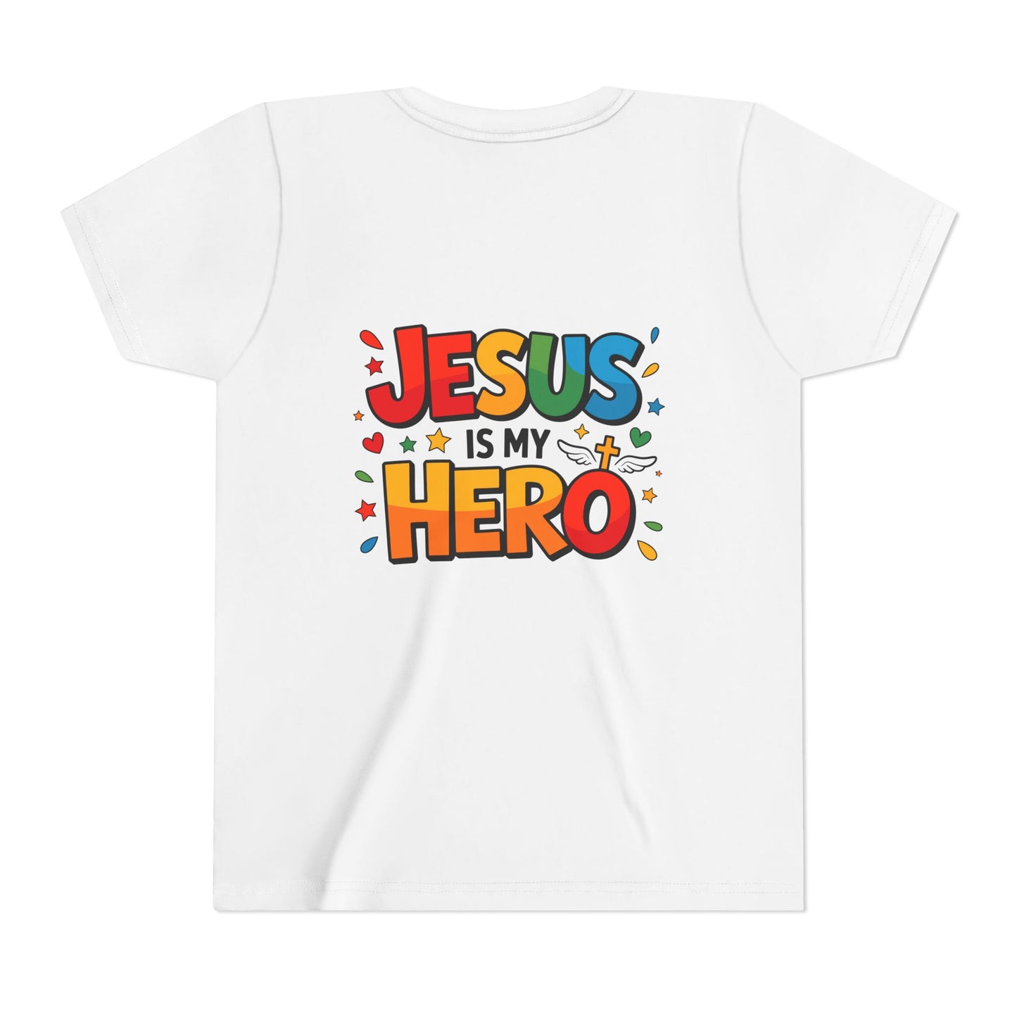 Youth Tee — "Jesus Is My Hero" Colorful Kids Christian T-Shirt