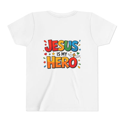 Youth Tee — "Jesus Is My Hero" Colorful Kids Christian T-Shirt