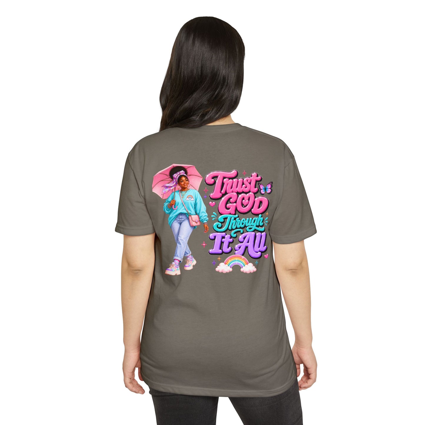 Trust God Through It All T-Shirt — Inspirational Faith Tee with Colorful Girl Illustration